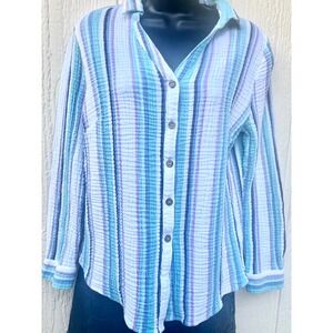 Escape by Habitat Med. Blue Striped Gauze 100% Cotton Button Down Shirt Coastal
